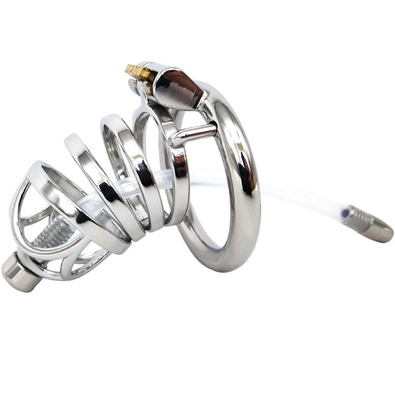 Secure Stainless Steel Male Chastity Device with Urethral Catheter, Metal  Cock Cage & Ring