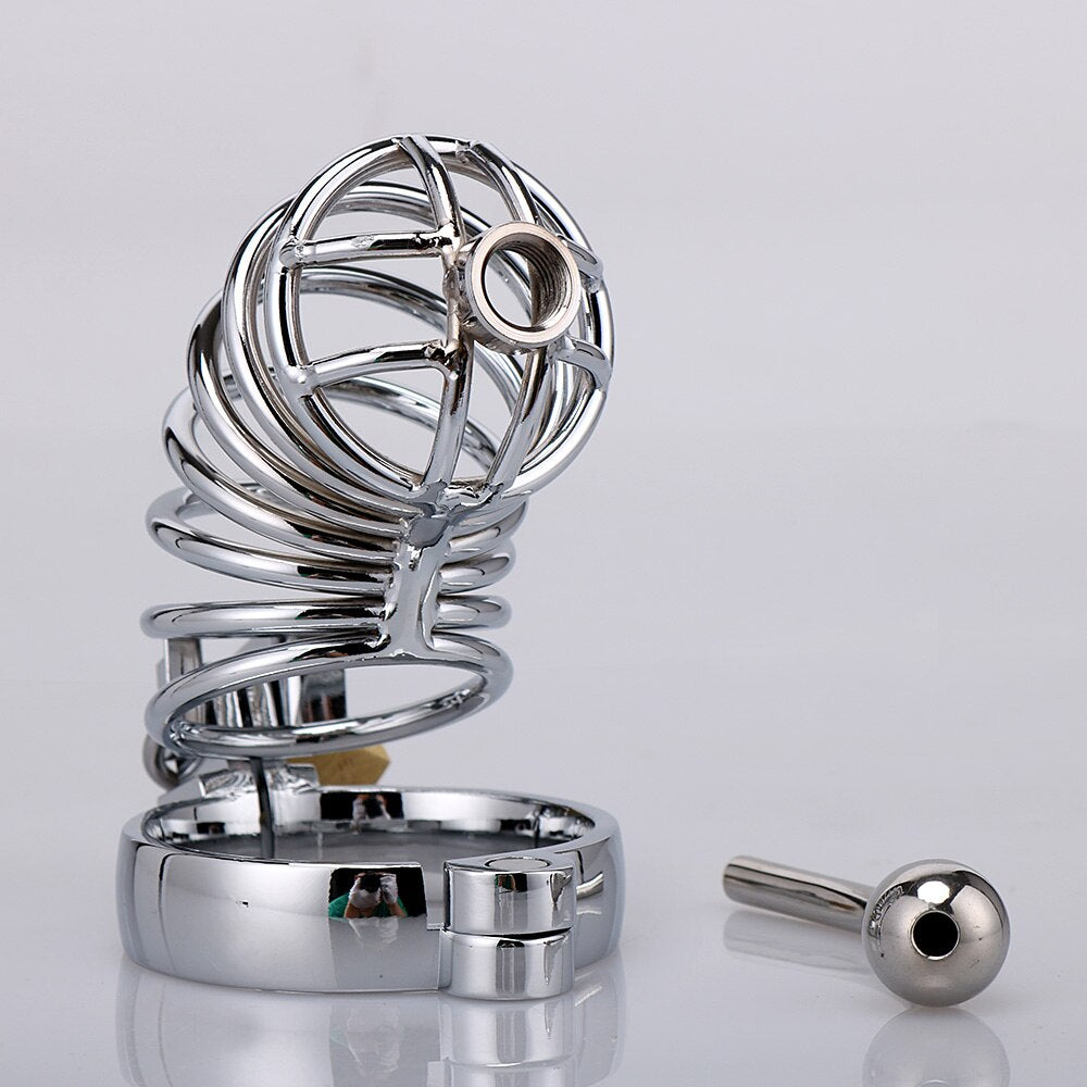 Steel Chastity Cage with Metal Urethral Catheter