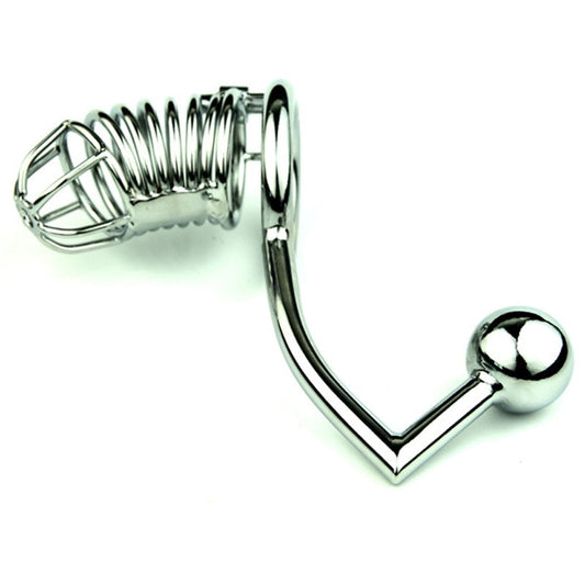 BDSM Metal Chastity Cage With Anal Hook