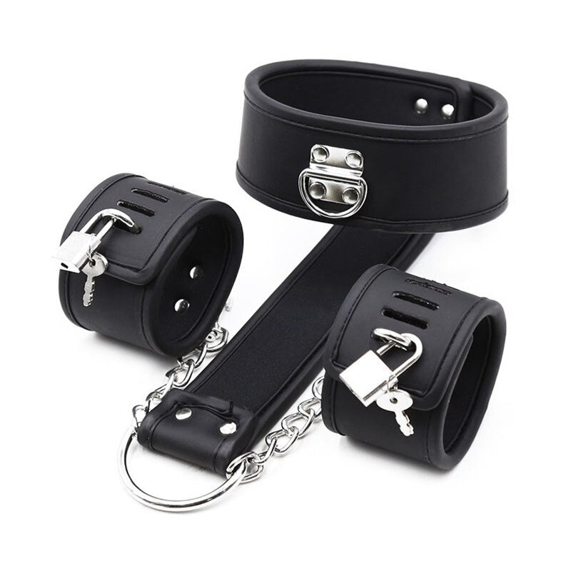 Couples Leather Slave Collar Handcuffs